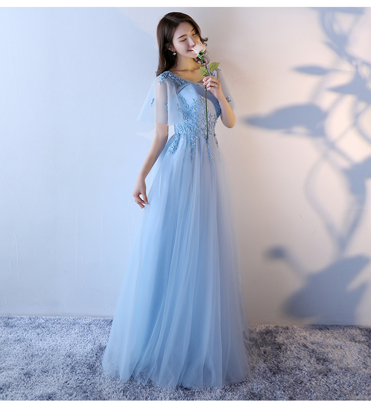 Lovely Light Blue Short Sleeves Tulle Long Evening Dress, Blue Bridesmaid Dress Party Dress