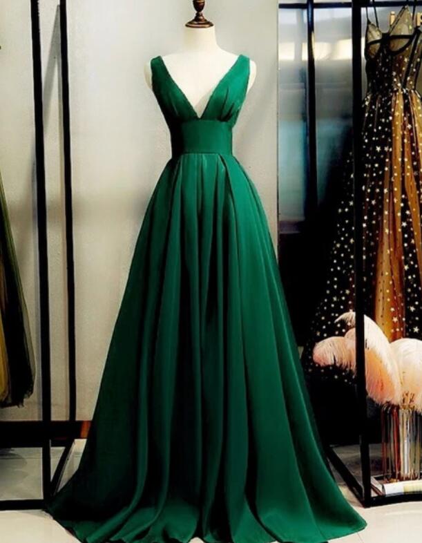 A-line Green Satin Long Evening Dress Prom Dress, Floor Length V-neckline Party Dress