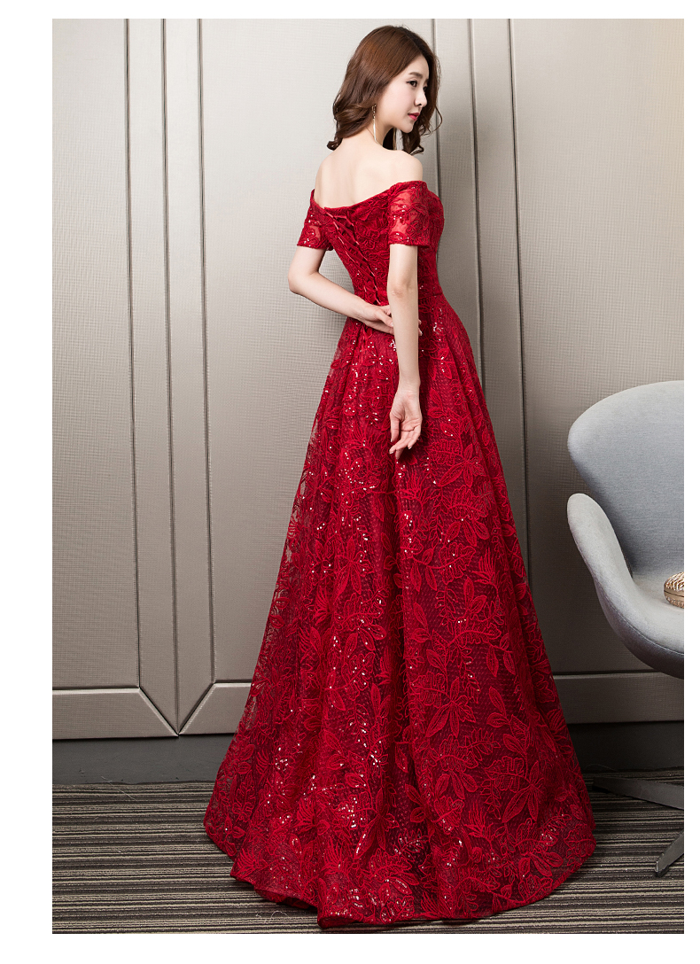 Red A-Line Off the Shoulder Sequin Lace Prom Dresses VK23101601
