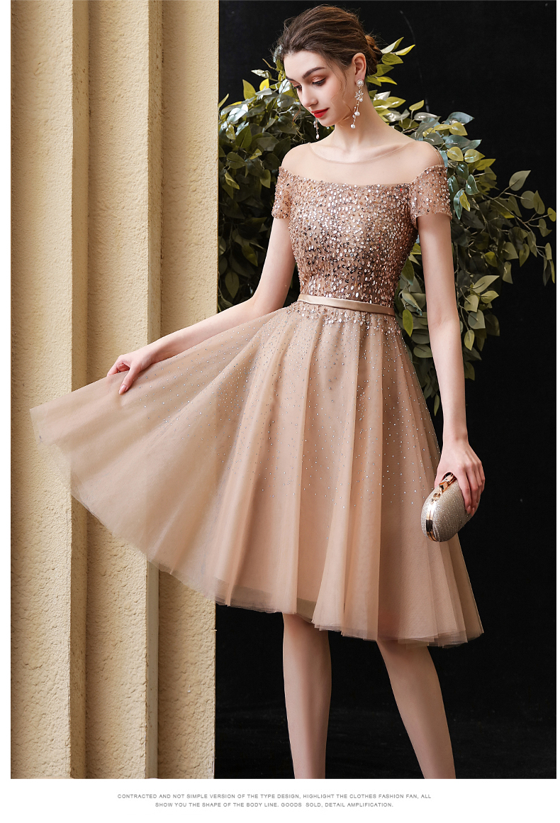 Lovely Champagne Beaded Off Shoulder Short Homecoming Dress, Shiny Sequins Prom Dress Party Dress