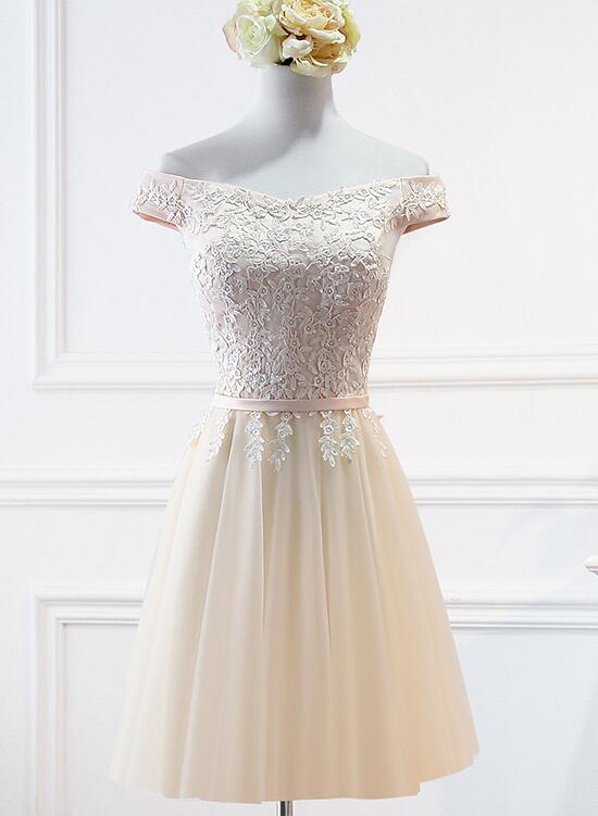 Cute Short Lace And Tulle Champagne Party Dress, Cute Prom Dress Homecoming Dress