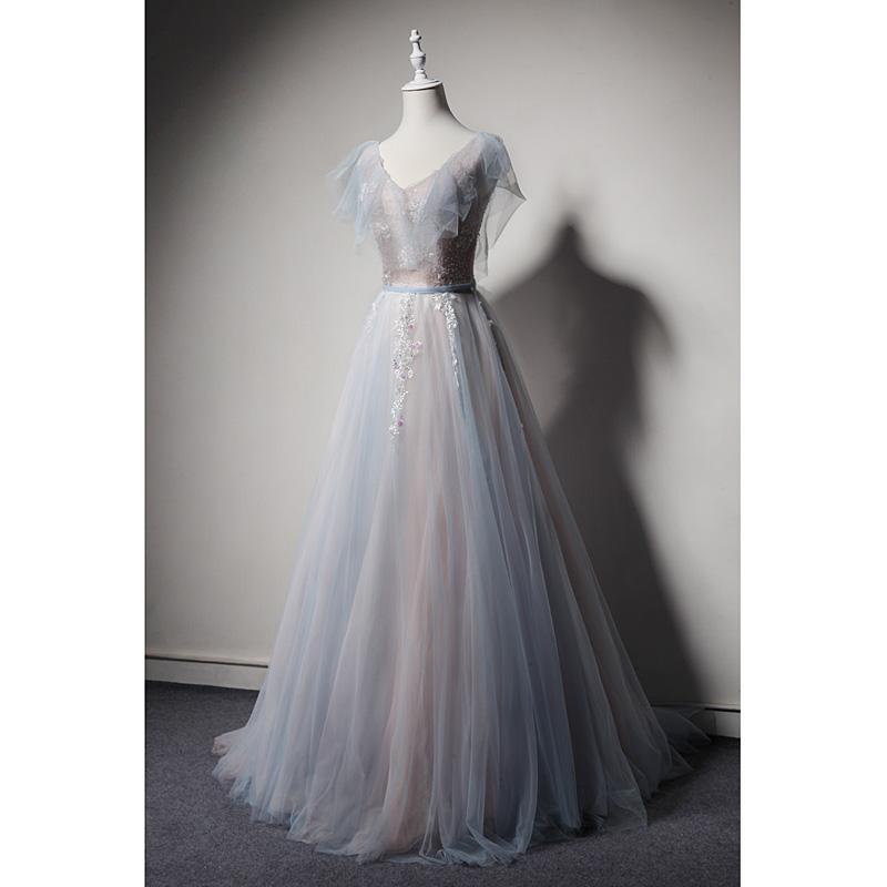 Light Blue And Pink V-neckline Tulle With Lace Evening Dress, A-line Long Prom Dress Party Dress
