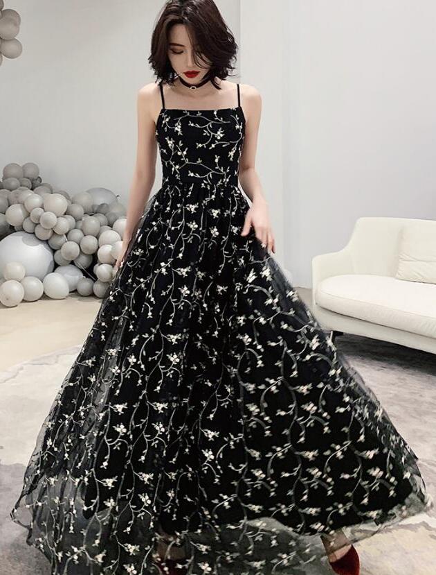 Floral Lovely Black Simple Pretty Straps A-line Long Evening Dress Prom Dress, Black Floor Length Party Dress
