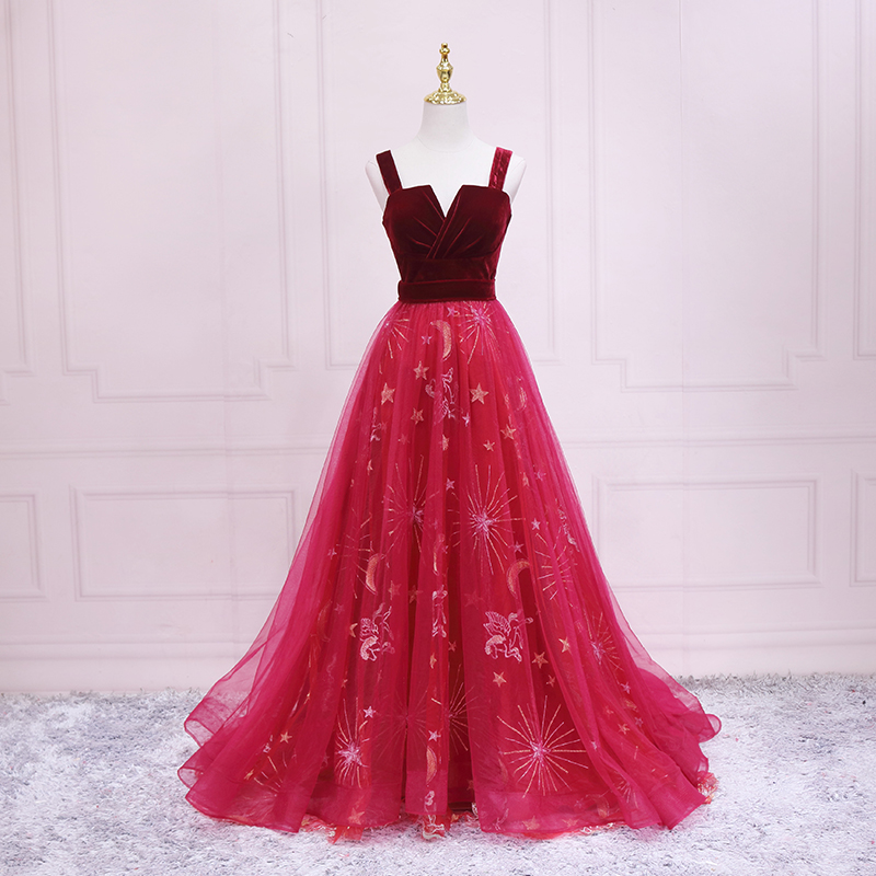 Red Tulle with Velvet Round Neckline Top Party Dress, A-line Evening Dress