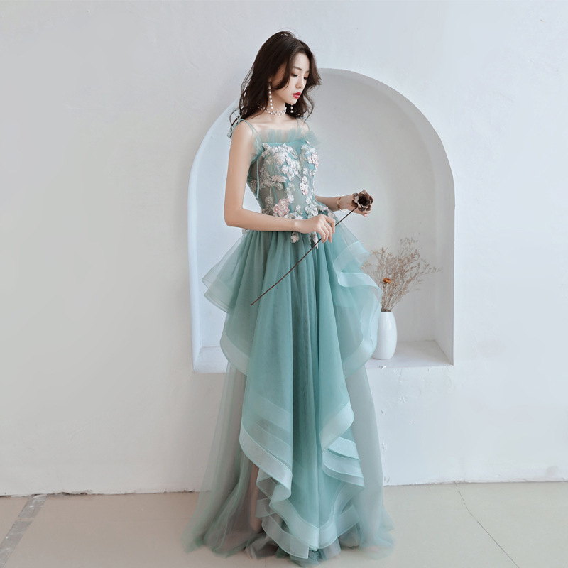 Green And Pink Tulle Long Prom Dresses With Flower Lace, Straps Long Layers Formal Dresses