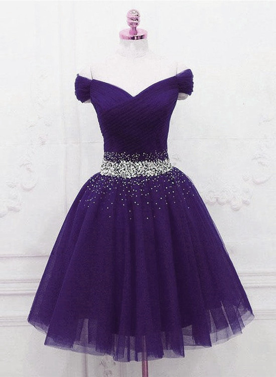 Cute Short Sweetheart Dark Purple Homecoming Dress, Tulle Beaded Short Prom Dress