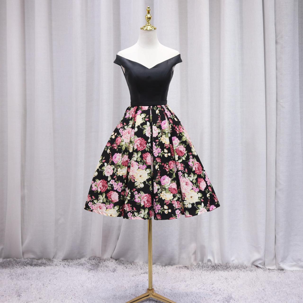 Black Satin And Floral Off Shoulder Party Dress, Black Short Homecoming Dress Prom Dress