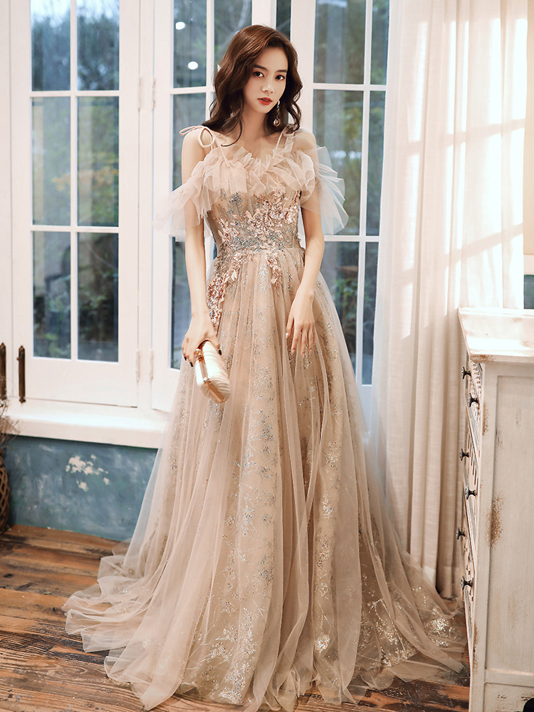 Champagne Tulle A-line Off Shoulder Lace Long Party Derss, Elegant Long Formal Dress Promd Ress