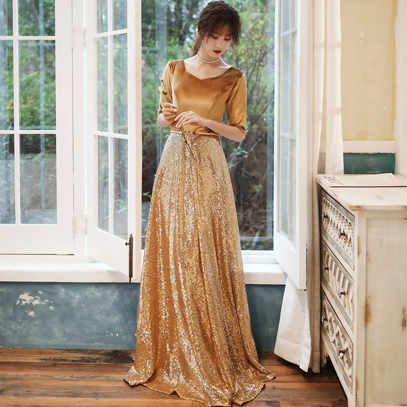 Golden Sequins And Velvet A-line Floor Length Party Dress, Short Sleeves Formal Dress Bridesmaid Dress