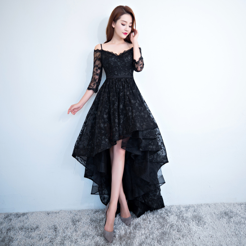 Black Lace High Low V-neckline Straps Long Party Dress, Black Lace Formal Dress Homecoming Dress