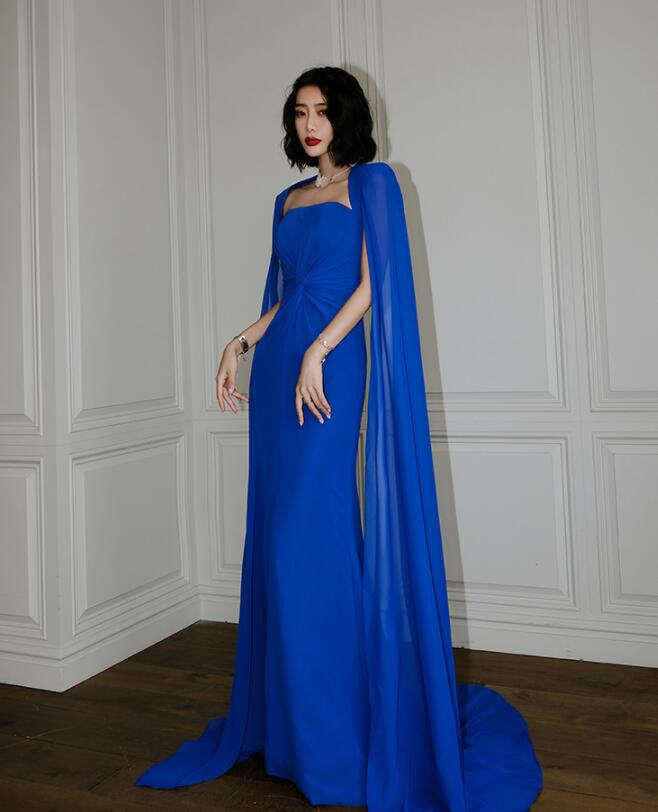 Royal Blue Chiffon Long Gorgeous Wedding Party Dress, Blue Chiffon Long Evening Gown Party Dress