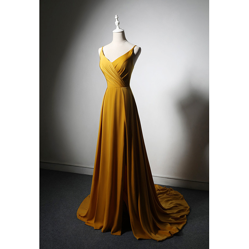V-neckline Straps Long Gold Simple Party Dress With Leg Slit, Long Gold Evening Dress Prom Dress
