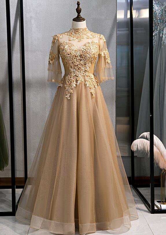 Champagne Short Sleeves Tulle With Lace Applique Long Formal Dress, A-line Champagne Evening Dress Formal Dress