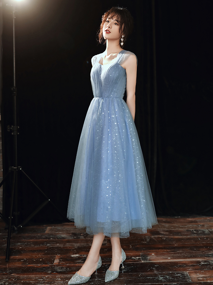 Light Blue Tea Length Cute Off Shoulder Bridesmaid Dress, Blue Party Dress Homecoming Dresses