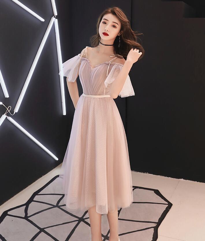 Cute Off Shoulder Pink Tea Length Tulle Wedding Party Dress, Pink Short Prom Dress Homecoming Dress