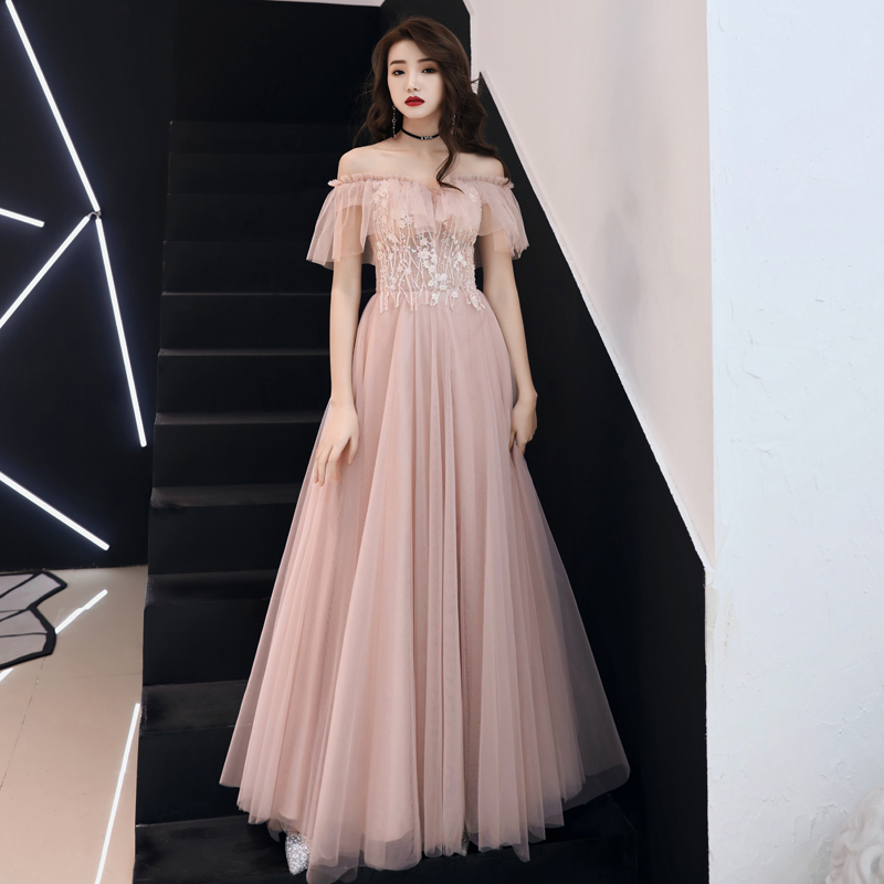 Pink Off Shoulder Lace Applique Long Party Dresses, A-line Tulle Formal Dress Evening Dresses