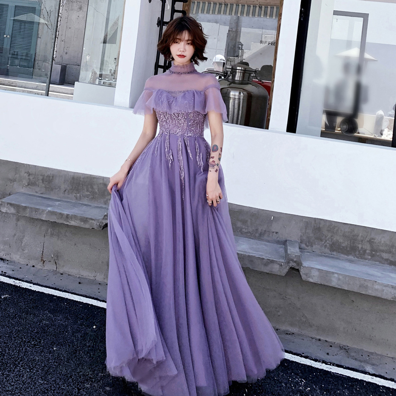 Purple Tulle High Neckline Lace Floor Length Party Dress, Purple ...