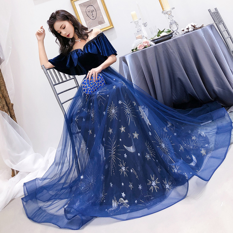 Blue Style Off Shoulder Beaded A-line Evening Dress, Blue Party Dress Formal Dresses