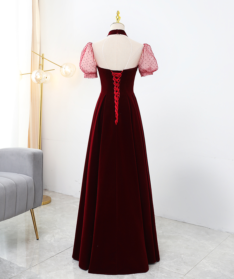 Elegant Wine Red Velvet Floor Length Party Dress, A-line Velvet ...