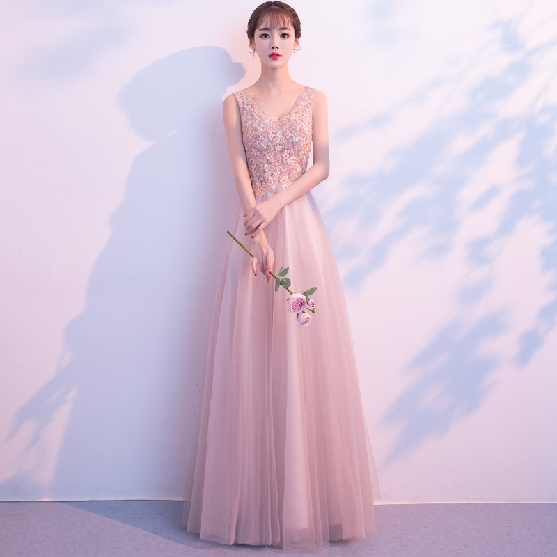 Pink V-neckline Lace Applique Tulle Floor Length Party Dress, Pink Tulle Evening Dress Prom Dress