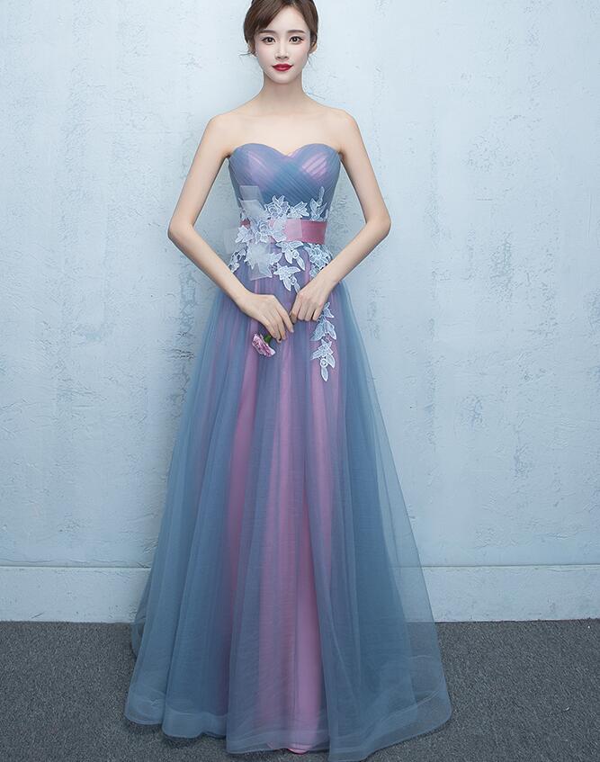 Blue And Pink Tulle Long Formal Dresses Party Dress, Sweetheart Long Bridesmaid Dresses