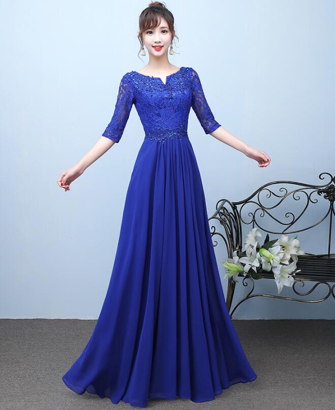 Blue Lace And Chiffon Short Sleeves With Beading Bridesmaid Dress, Blue Long Evening Dresses
