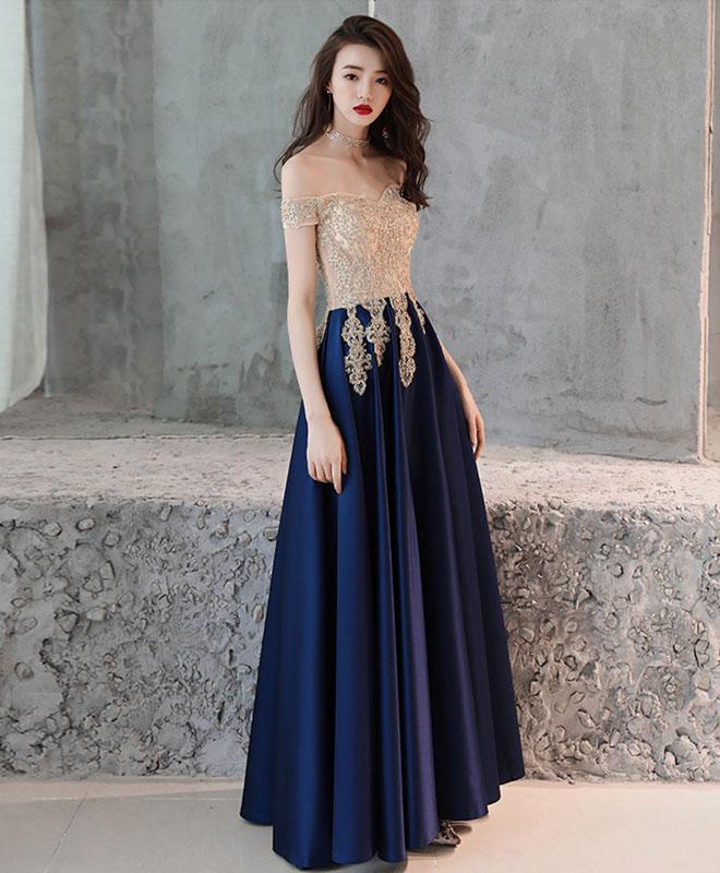 Blue Lace Off Shoulder Satin With Gold Lace Long Party Dress, Sweetheart Long Evening Dress