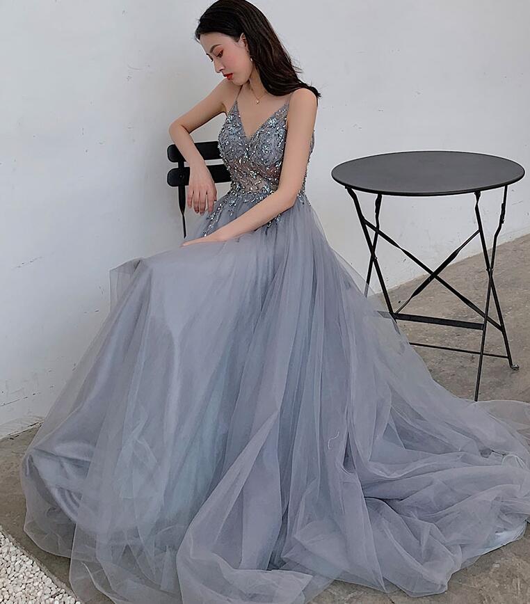Sexy Beaded Tulle Long Evening Dress With Leg Slit, Straps Tulle Formal Dresses Party Dresses