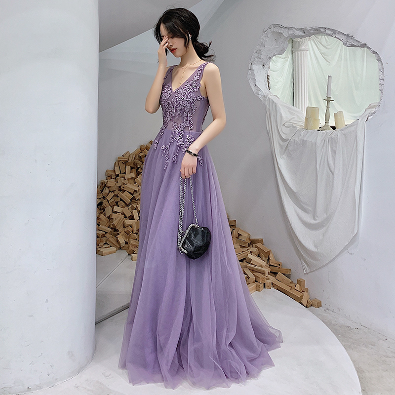 Cute Purple V-neckline Tulle Long Lace Applique Party Dress, A-line Tulle Prom Dress Evening Dresses