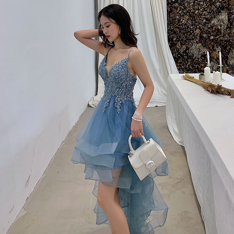 Blue High Low Layers Tulle With Lace Applique Party Dresses, Blue Homecoming Dresses