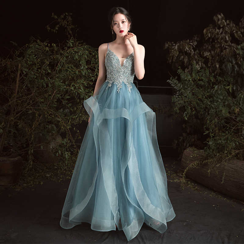 Mint Blue Tulle V-neckline Straps Long Lace Applique Party Dress, Blue Formal Dresses
