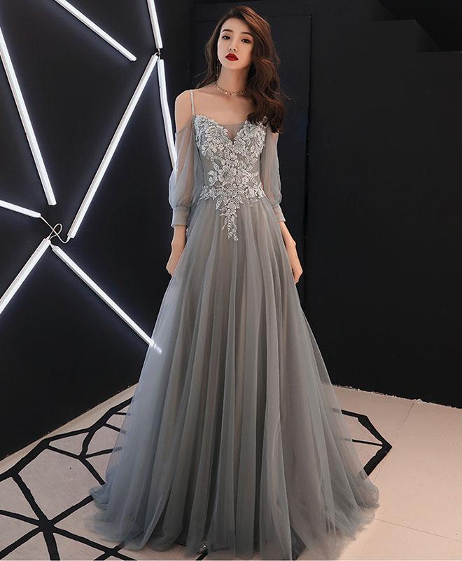 Grey Tulle Short Sleeves Long Tulle Party Dress Evening Dress, Grey Formal Dress