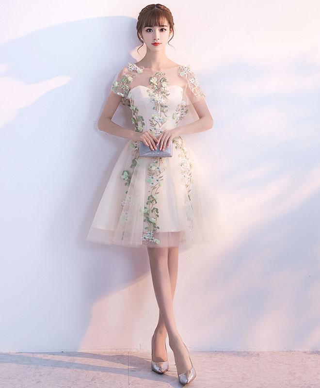 Lovely Tulle Light Champagne Tulle Party Dress With Lace Applique, Short Homecoming Dresses