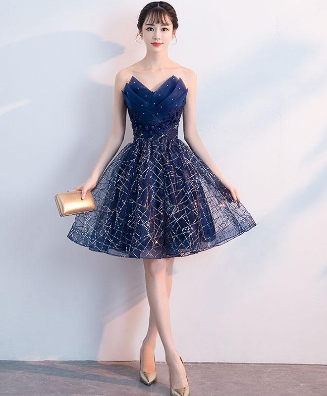 Navy Blue Knee Length Party Dress Homecoming Dress, Blue Beaded Formal Dresses