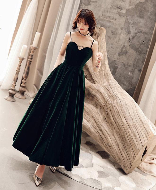 Dark Green Velvet Straps Wedding Party Dress Formal Dress, V Back Long Wedding Party Dress