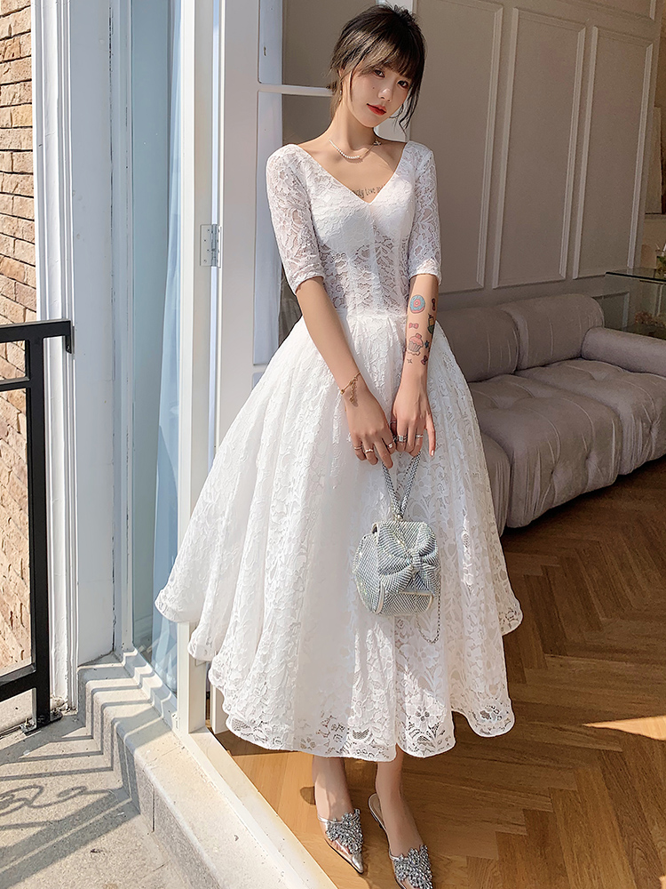 White Lace V-neckline Tea Length Party Dress Formal Dress, White Graduation Dresses