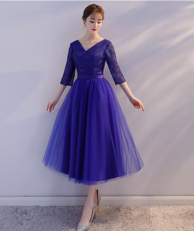 Charming Blue V-neckline Lace And Tulle Bridesmaid Dress, Short Tulle Prom Dress Party Dreses
