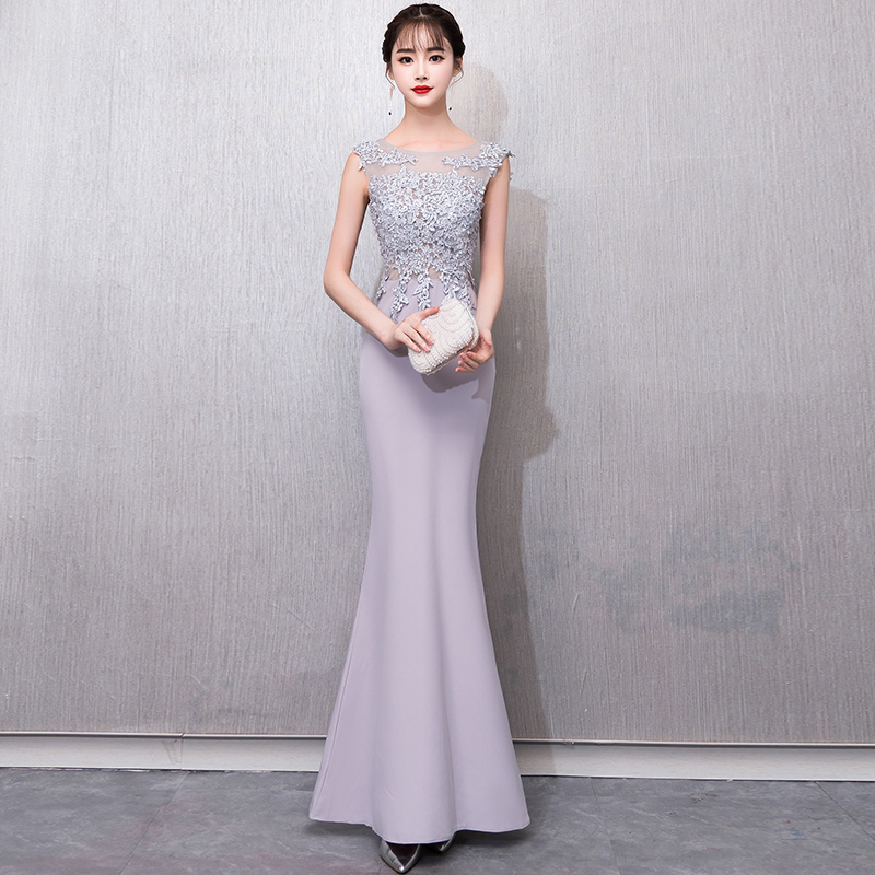 Grey Lace Mermaid Long Party Dress With Lace Applique, Grey Eveninng Dress Party Dresses