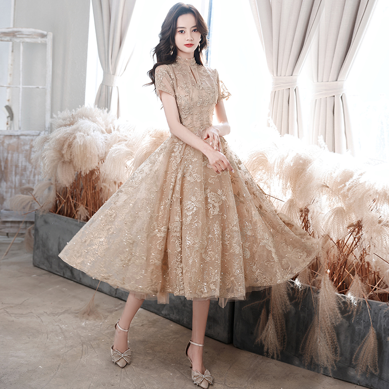 Lovely Champagne Lace Short High Neckline Party Dress Homecoming