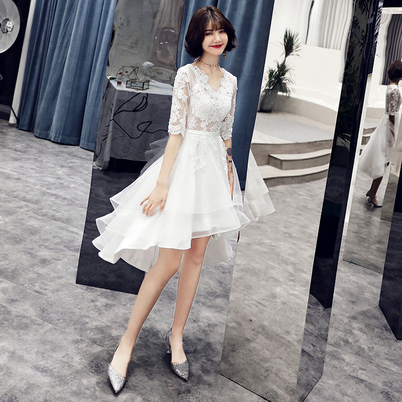 White High Low Tulle With Lace Applique Short Sleeves Party Dress, White Homecoming Dresses White High Low Tulle With Lace Applique Short Sleeves Party Dress, White Homecoming Dresses