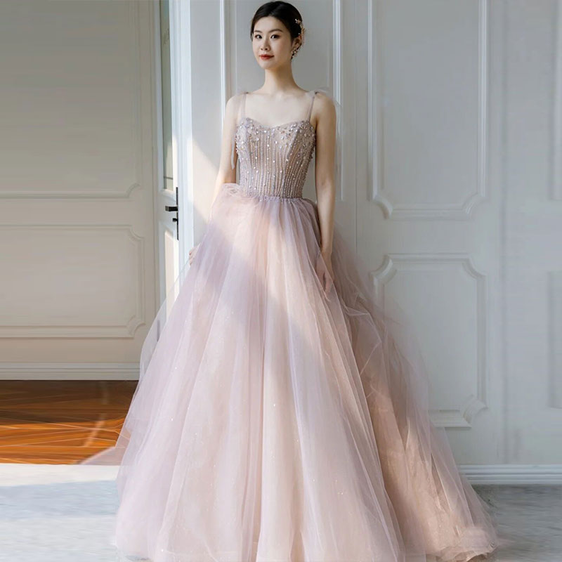 Light Pink Beaded Floor Length Tulle Long Formal Dresses, Pink Wedding Party Dresses