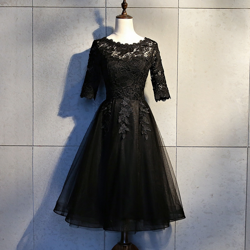 Black Lace And Tulle Short Sleeves Knee Length Homecoming Dress, Black Short Prom Dresses