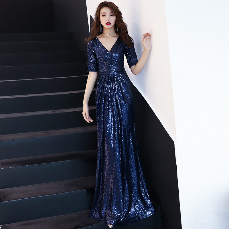 Navy Blue Sequins Short Sleeves Long Bridesmaid Dresses, Sequins Wedding Party Dresses