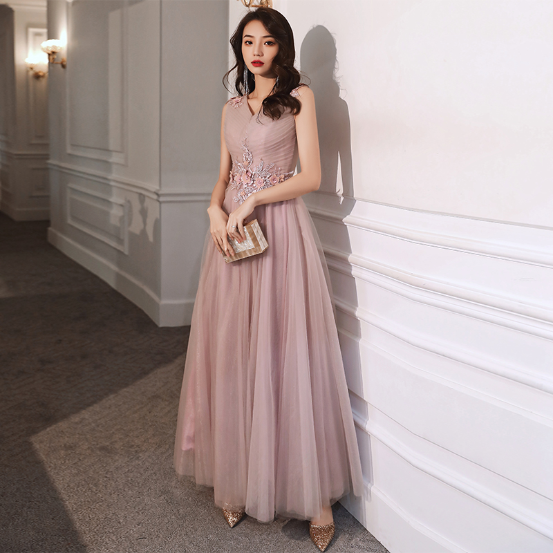 Pink V-neckline Tulle With Lace Applique Party Dress, A-line Tulle Formal Dresses Evening Dress