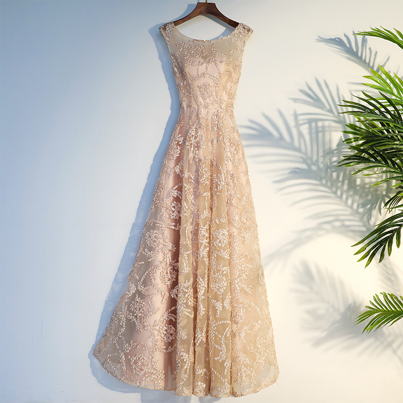 Champagne Lace A-line Simple Floor Length Party Dress, Lace Evening Dresses Formal Dresses