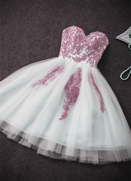 Cute Short Tulle Party Dress With Lace Applique, Short Prom Dress Homecoming Dresses