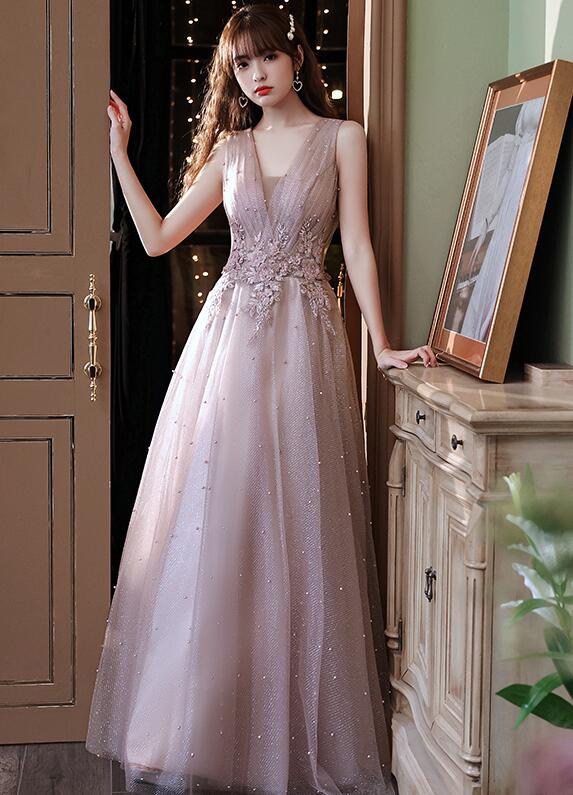 Pink V-neckline Beaded Lace Applique Style Wedding Party Dresses, Pink Formal Dresses