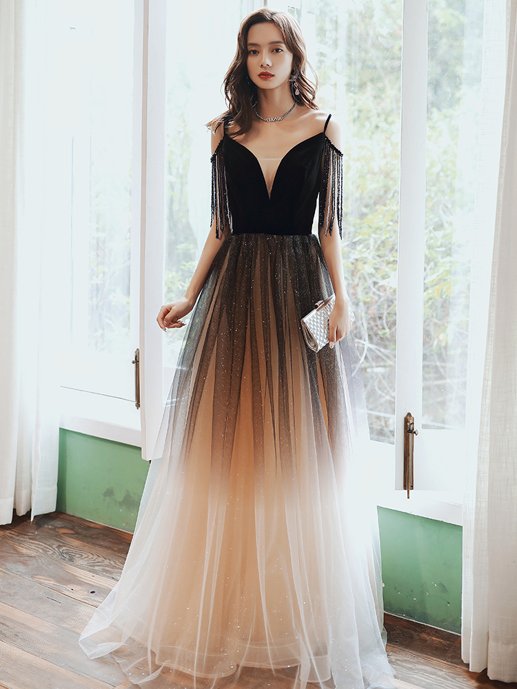 Gradient Tulle And Velvet Top V-neckline Party Dress, A-line Tulle Long Evening Dress Prom Dress