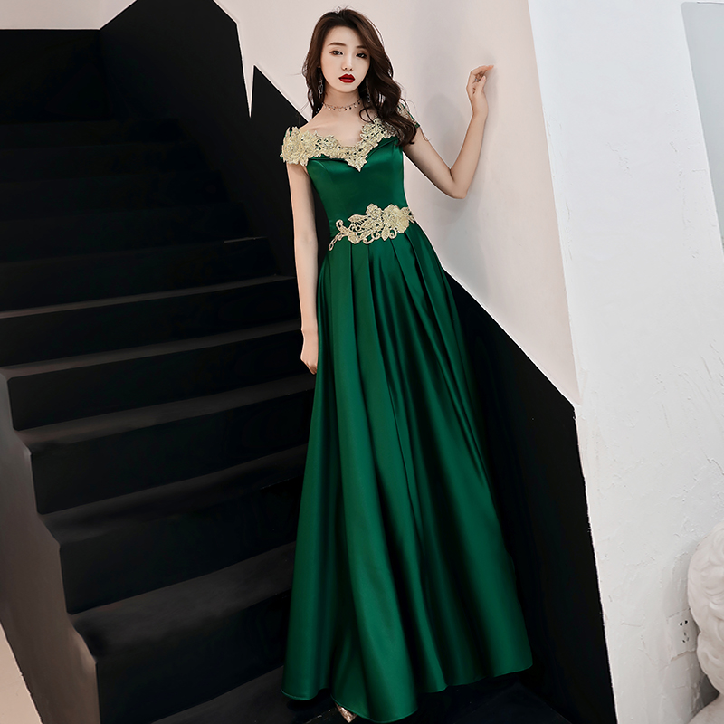 Dark Green Satin With Gold Lace A-line Simple Party Dress, Green Formal Dress Evening Dresses