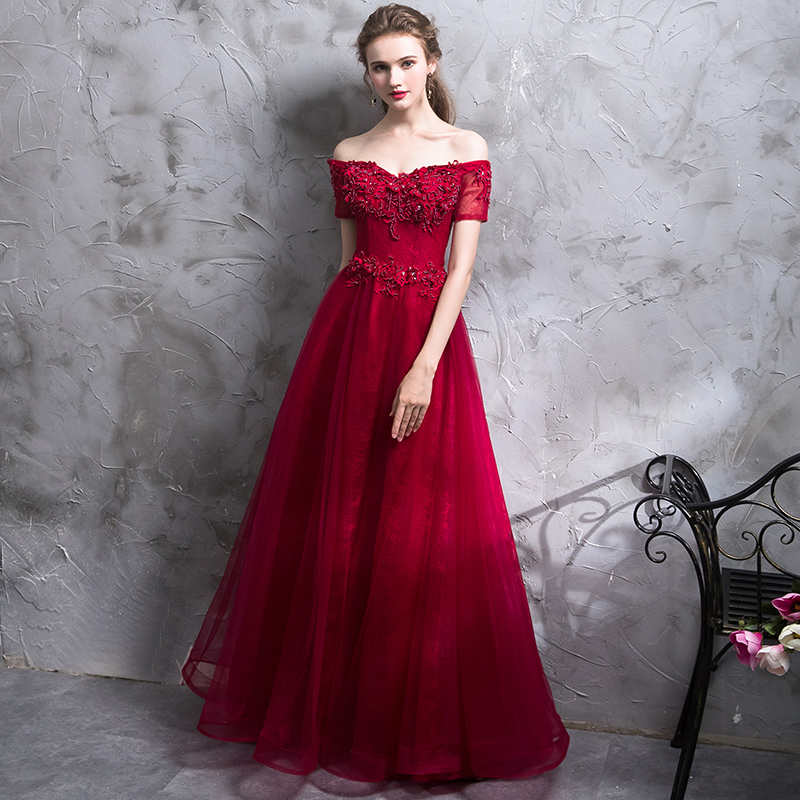 Dark Red Sweetheart Short Sleeves Lace A-line Party Dress Evening Dress, Long Wine Red Formal Dresses